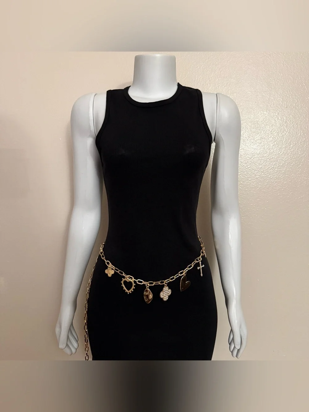 Gold tone metallic charms skinny chain belt